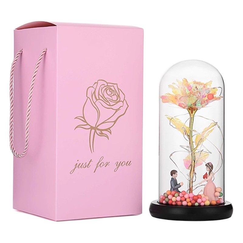 Eternal Flower Glass Cover Rose Gold Foil Flower with LED Light Valentine's Day Women's Day Creative Gift Ornaments Cross Border