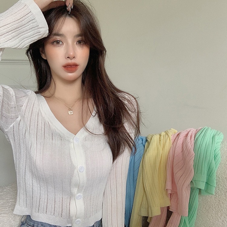 V-Neck Knitted Cardigan Thin Outwear for Women 2021 Summer Short Top Suspender Skirt with Sun Protection Shirt Air-Conditioning Clothing Trendy