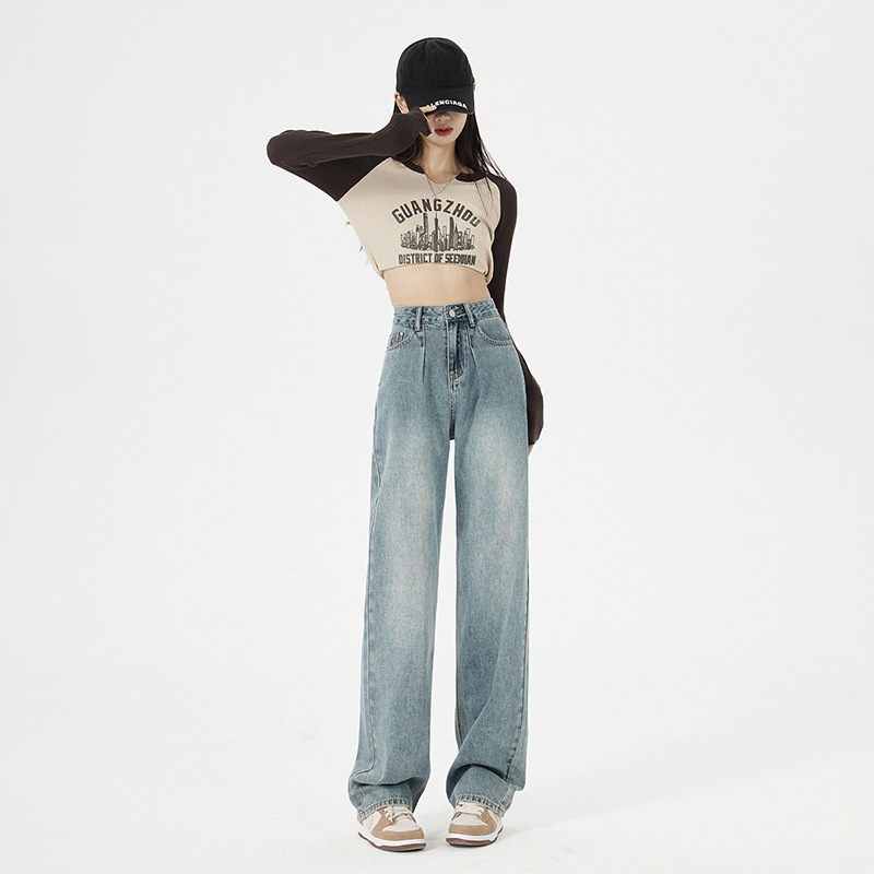 American Style Retro Wide Leg Jeans Women's High Waist Slimming Small Loose Spring and Autumn Straight Pants