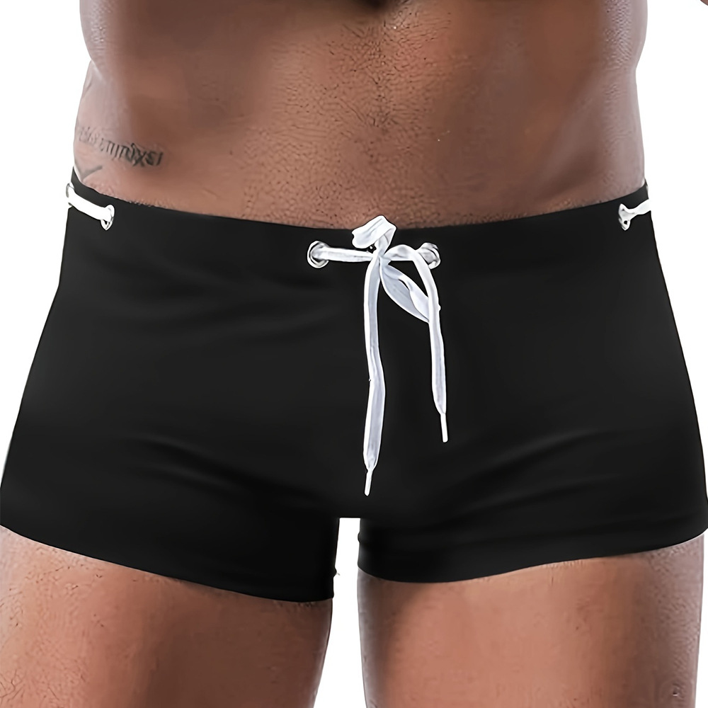 2025 New Design Sense Men's Boxer Solid Color Tight Sports Drawstring Lace-up Shorts Simple Swimming Trunks