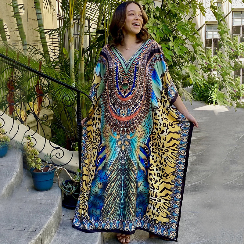 New Four-sided Blue and Yellow Leopard Point Robe Loose Holiday Long Dress Seaside Beach Blouse Swimsuit Bikini Outer Rim