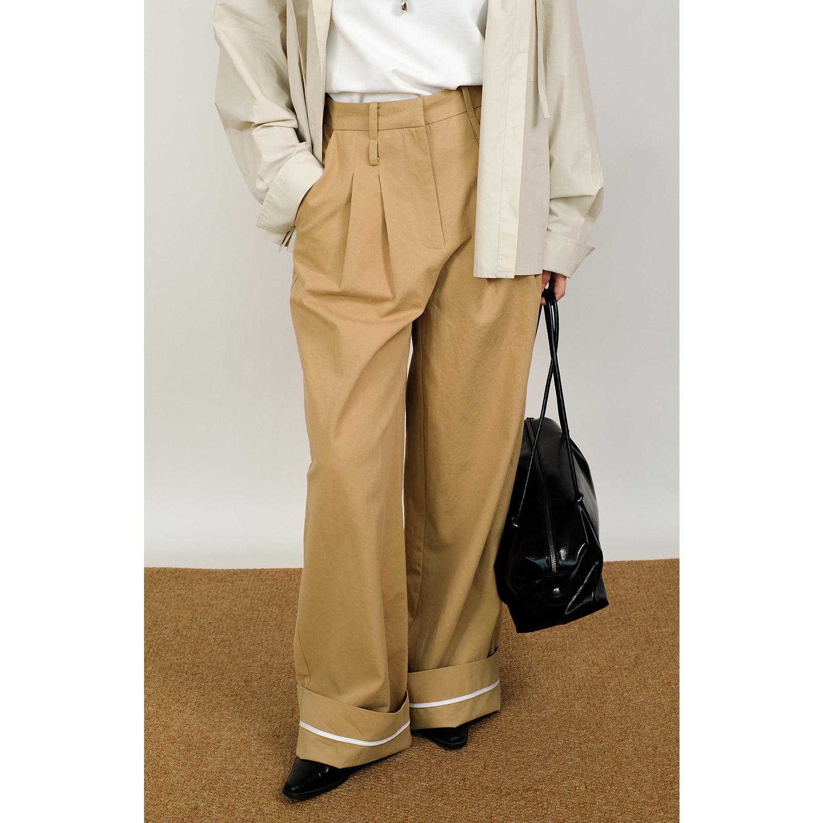 25 Spring Lazy Design Wide Edge Folding High Waist Cotton Texted Twill Wide Leg Pants Slimming Straight All-match Pants for Women