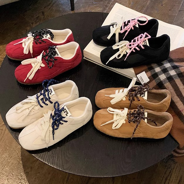 2025 Niche Square Toe Frosted Forrest Training Shoes for Women New Color Matching Retro Round Toe Genuine Leather Flats Casual Sneakers