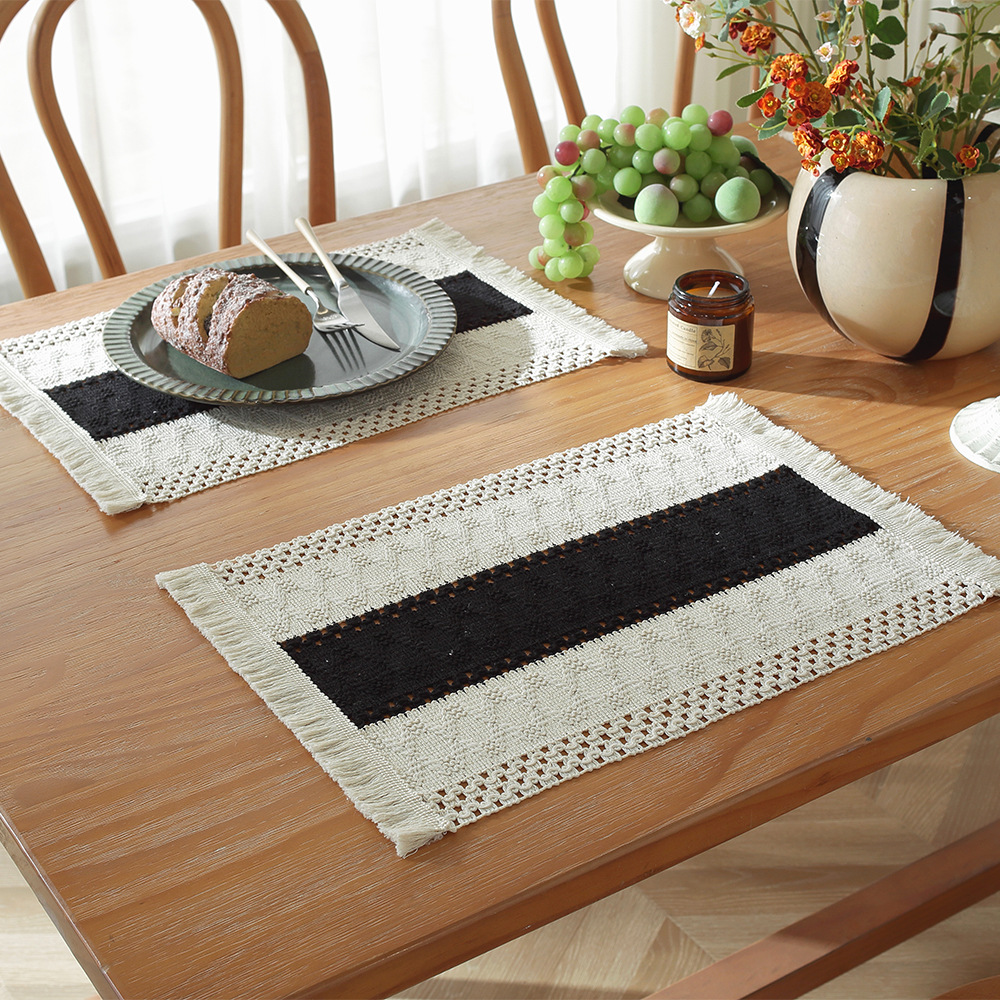 Picture of Amazon new cotton and hemp rope placemat holiday placemat woven color matching striped tassel bowl mat spot wholesale