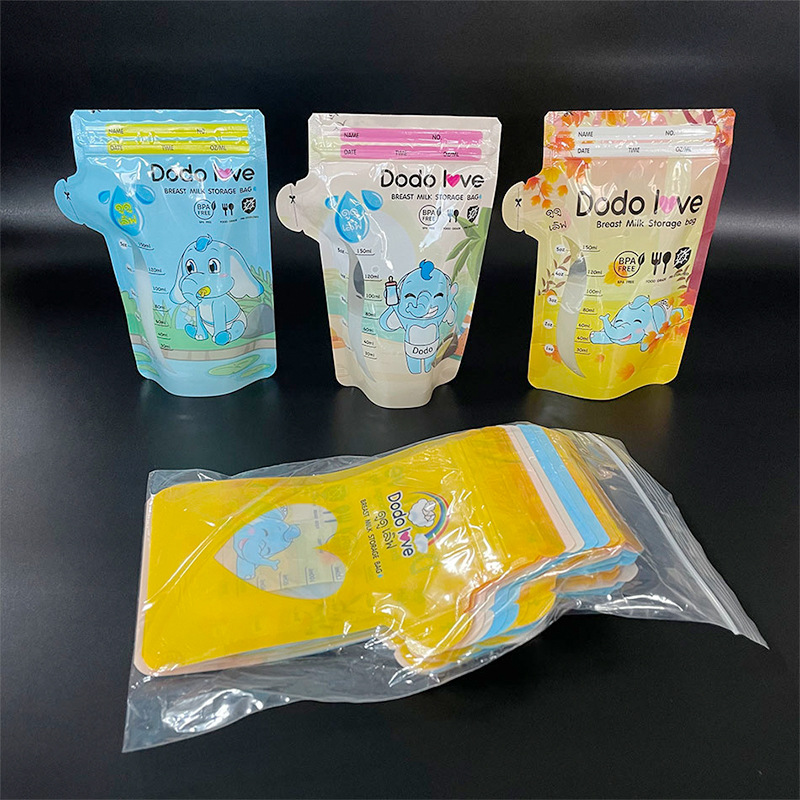 Picture of Breast Milk Storage Bag Manufacturer with Suction Nozzle 30 Pieces/Box Standing Breast Milk Bag Pe Material Thickeneded Colorful Milk Storage Bag