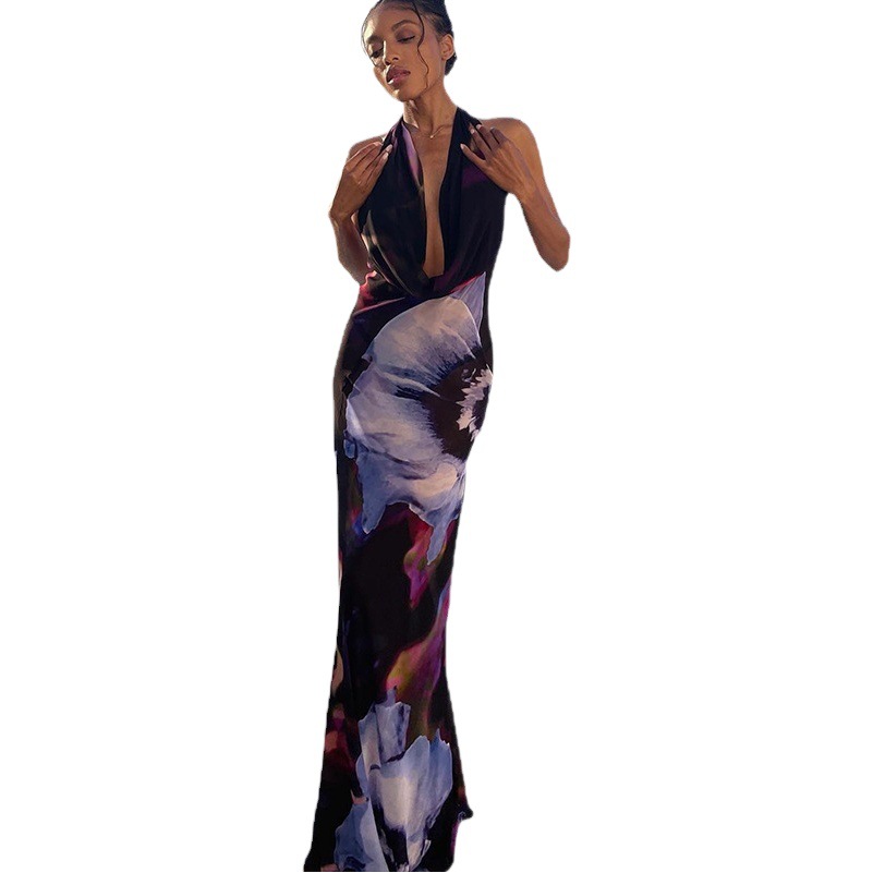 European and American women's cross-border foreign trade manufacturers 2023 new digital printing sexy hanging collar long long dress