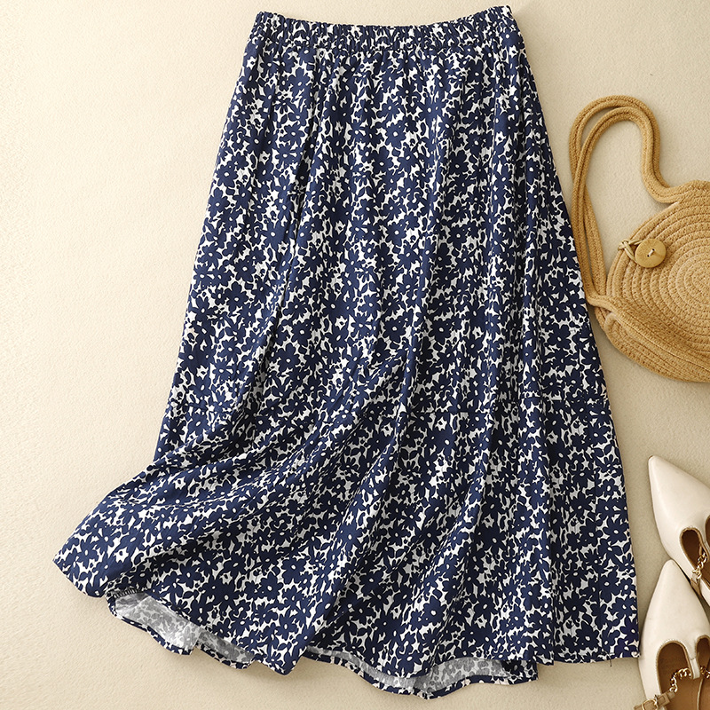Japanese and Korean Spot Real Shot Blue Floral Skirt Women's Spring and Autum Thin 2024 New Hip-bone Wide Skirt