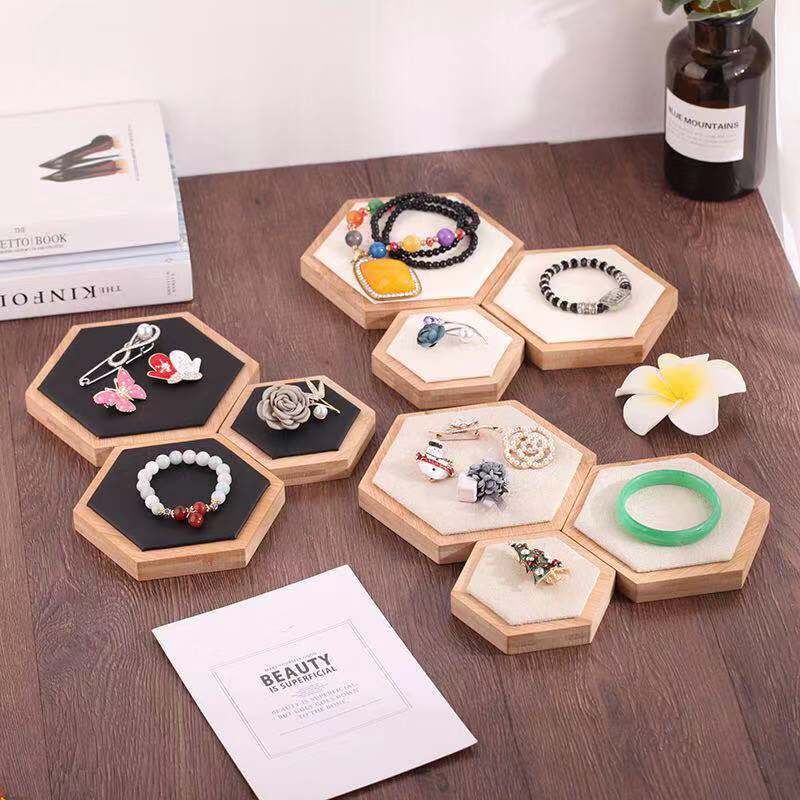 New bamboo hexagonal three-piece set jewelry ring earrings necklace jewelry display stand display props