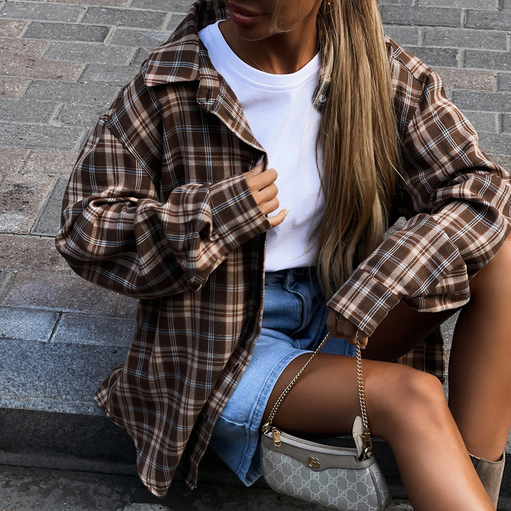 European and American 2024 Autumn Amazon Cross-Border Retro Style Easiest for Match Lapel Loose Pocket Plaid Long Sleeve Women's Shirt