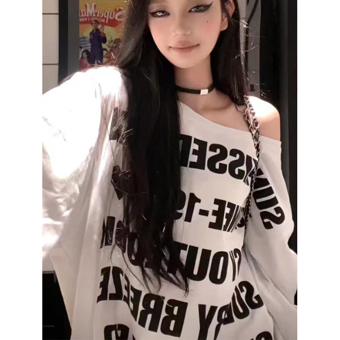Picture of American Style Spice Girls Shoulder Letter Print Long-sleeved T-shirt Women's Early Autumn Mid-length Casual Loose Laid-back Shoulder Top