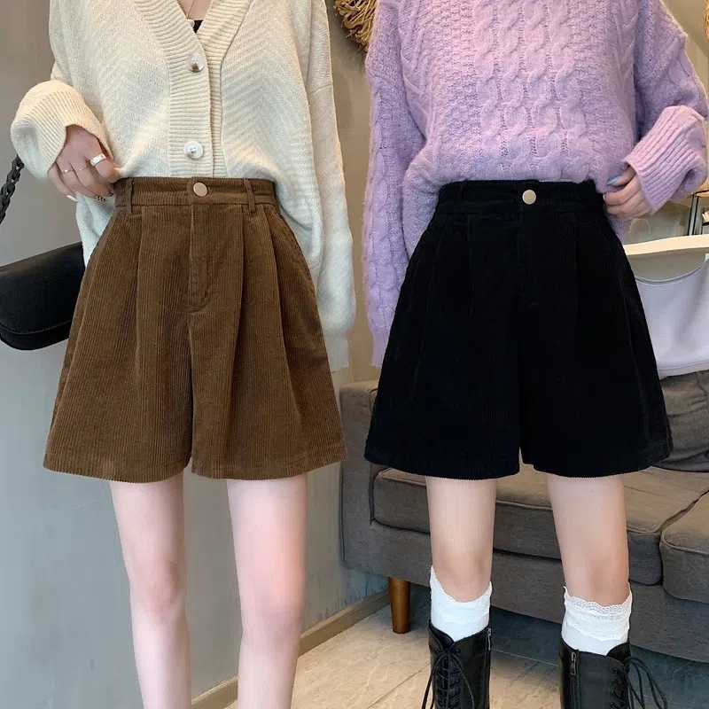 Picture of Autumn and Winter Corduroy Shorts for Women Plus Size Fat m Elastic High Waist Slim Outer Wear A-Line Wide Leg Pants Black Casual Boot Pants