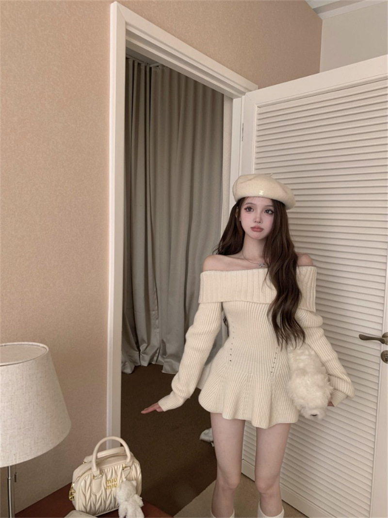 Off-shoulder ruffled hem sweater women's autumn and winter elegant slim pullover long sleeve sweater apricot off-shoulder top