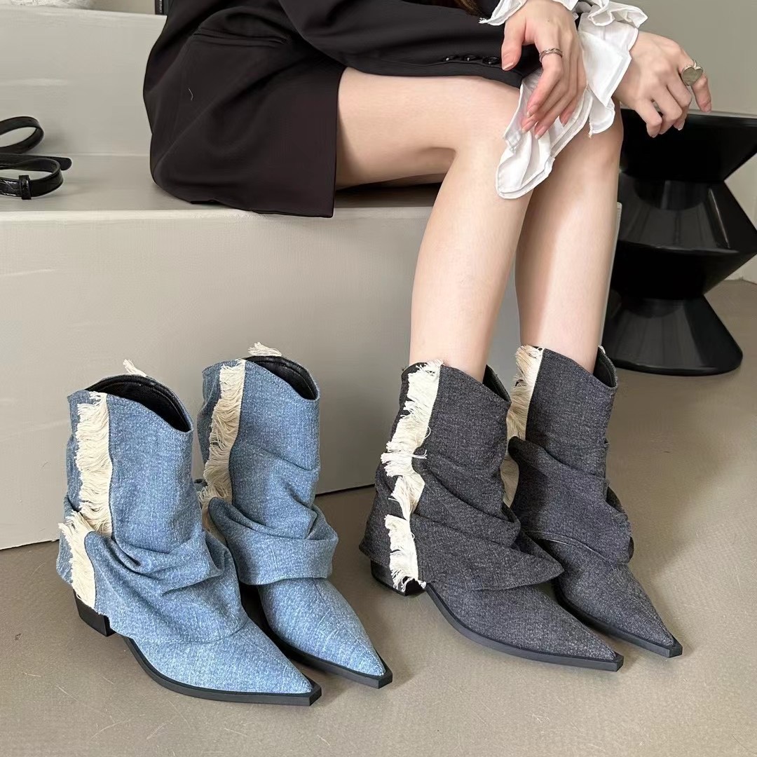 Cowboy Boots Western light blue High Heel Retro Pointed Pants Tube Boots Thick Heel Boots Sleeve Tassel Ankle Boots Women