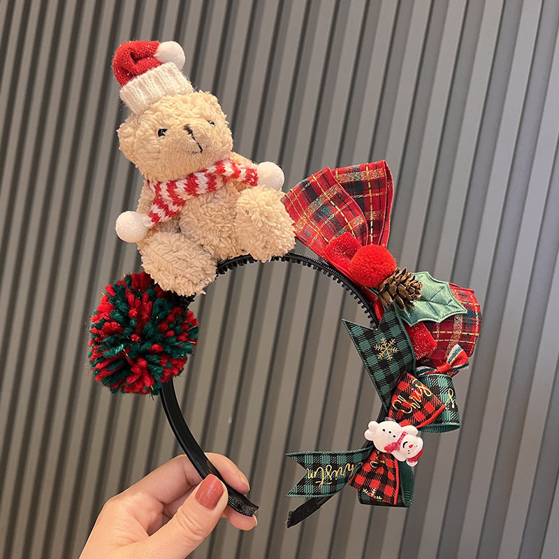 Picture of Cartoon super cute Christmas bear headband warm Christmas scarf bear headband red and green bow headwear