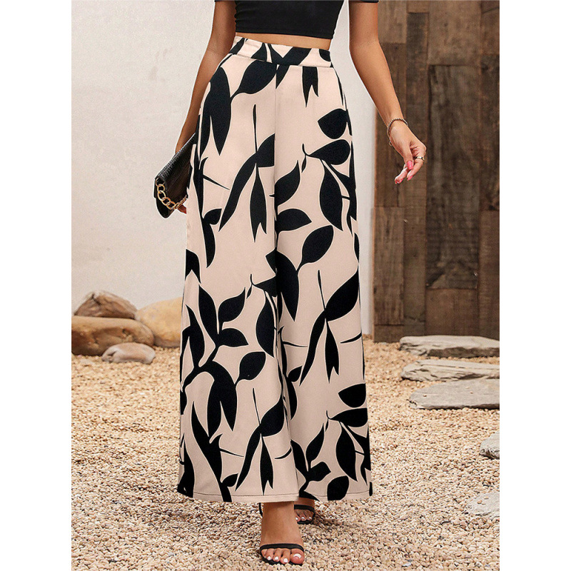 Picture of European and American Amazon Cross-border Foreign Trade Summer New Chiffon Leaf Printed Casual Pants Temperament High Waist Wide Leg Pants for Women