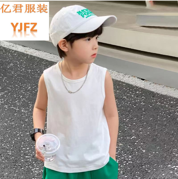 Children's sleeveless cotton vest T-shirt 26 cotton T-shirt for boys and girls solid color sweat-absorbent threaded collar 180g children's clothing