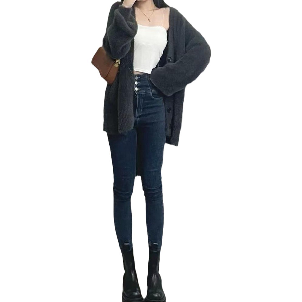 Soft glutinous sweater coat for women Spring and Autumn lazy style small design loose slimming faux mink velvet knitted cardigan fashion
