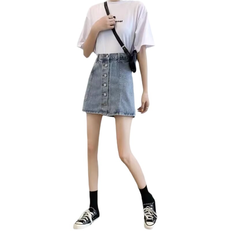 Summer Light-proof Half-length Denim Skirt Women's All-match High-waist Slim-fit Pants Skirt Ins Loose-breasted A- line Hot Short Skirt