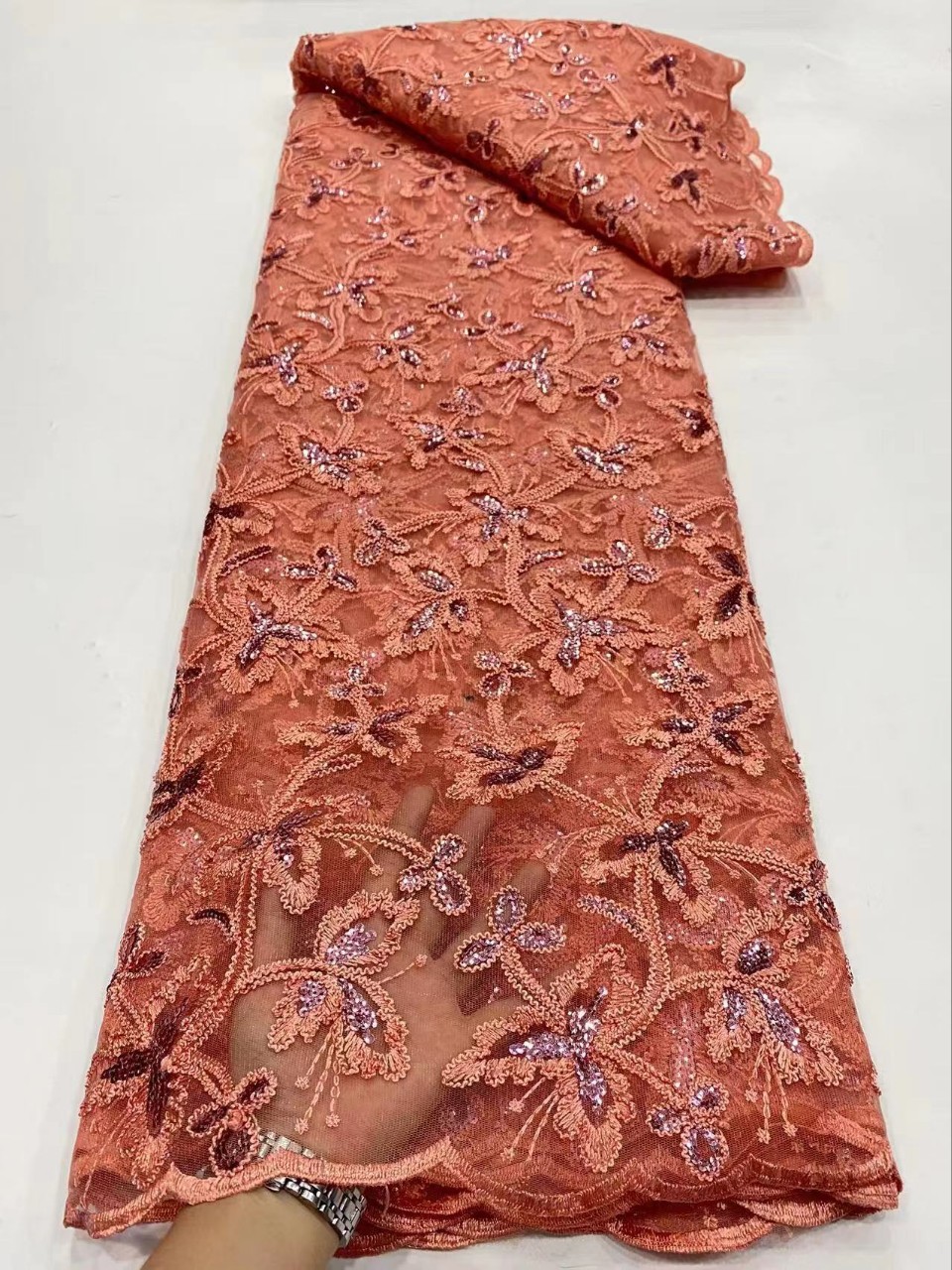 Picture of Summer Hanfu Plant Flower Dress Embroidered Cloth Double Rope Sequin Lace Fabric African Garment Lace JX2296