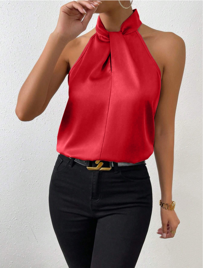 Picture of 2025 New Summer European and American Clothing Satin Halterneck Sleeveless Vest Satin Imitation Silk Top Wholesale in Stock