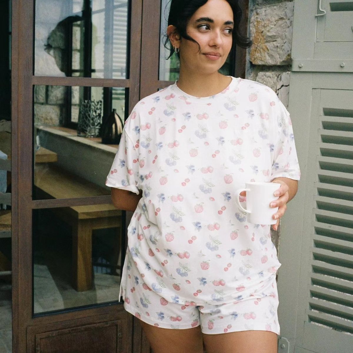 European and American cross-border new short-sleeved printed pajamas split round neck T-shirt shorts loose suit women's homewear