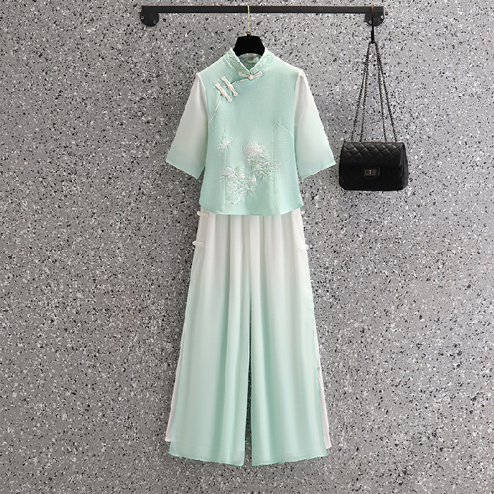 Picture of Vintage Chinese Top Set Large Size Chinese Style Seven-point Sleeve Cheongsam Peony Embroidered Gradient Pants Two-piece Set