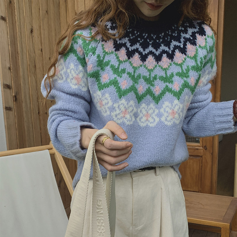 Spot New Colorful Jacquard French Fair Isle Atmosphere Maillard Wear Pullover Knitted Sweater for Women