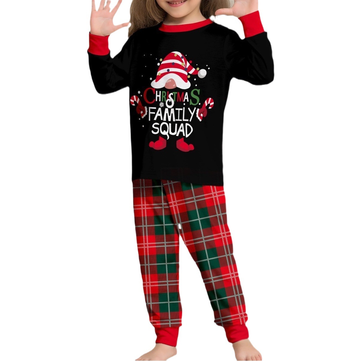 Cross-Border Christmas Cake Hat with Letters, New Plaid Long-Sleeved Two-Piece Home Clothes, Printed Round Neck, Family Parent-Child Clothes