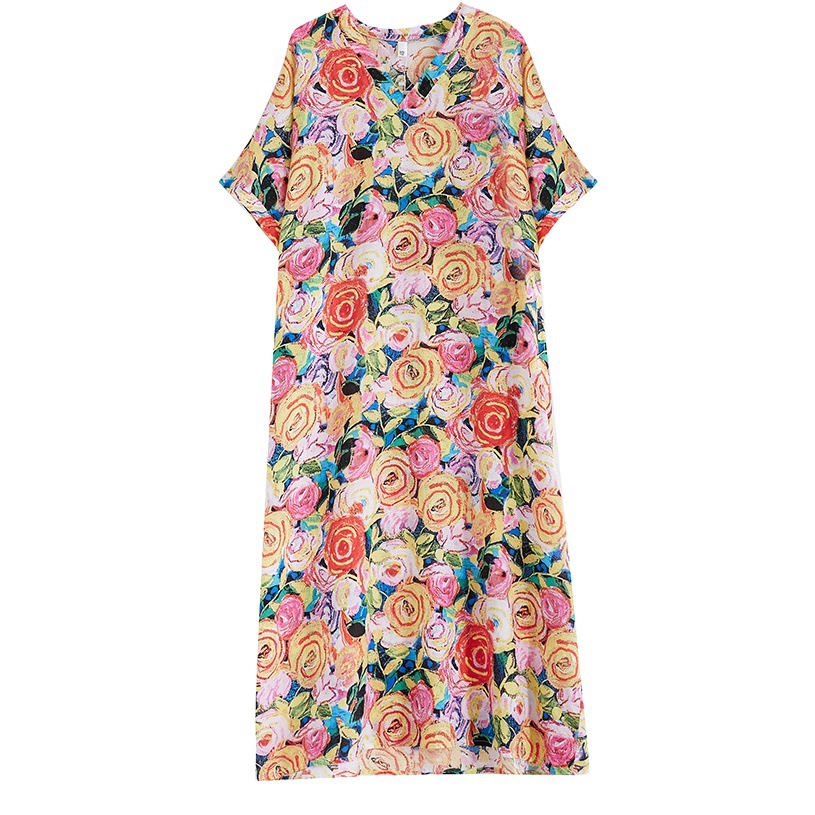 Picture of 2024 New Vintage Printed V-Neck Large Size Dress for Chubby Girls New Fashion All-match Artistic Large-length Dress for Women