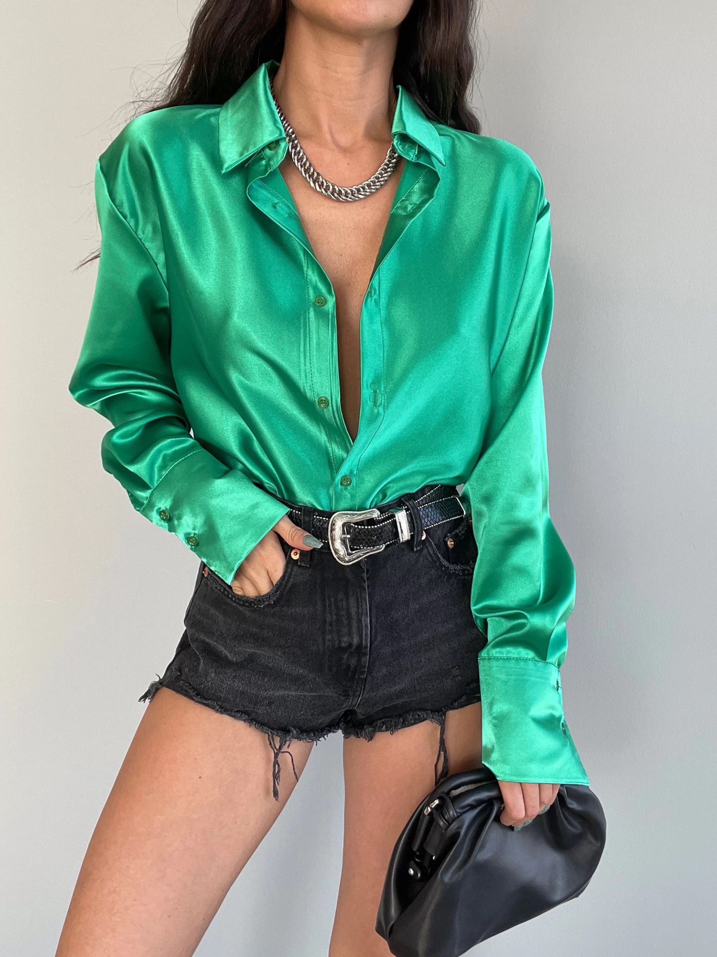 Picture of Independent station European and American cross-border lapel long sleeve button temperament slimming satin shirt women Wholesale