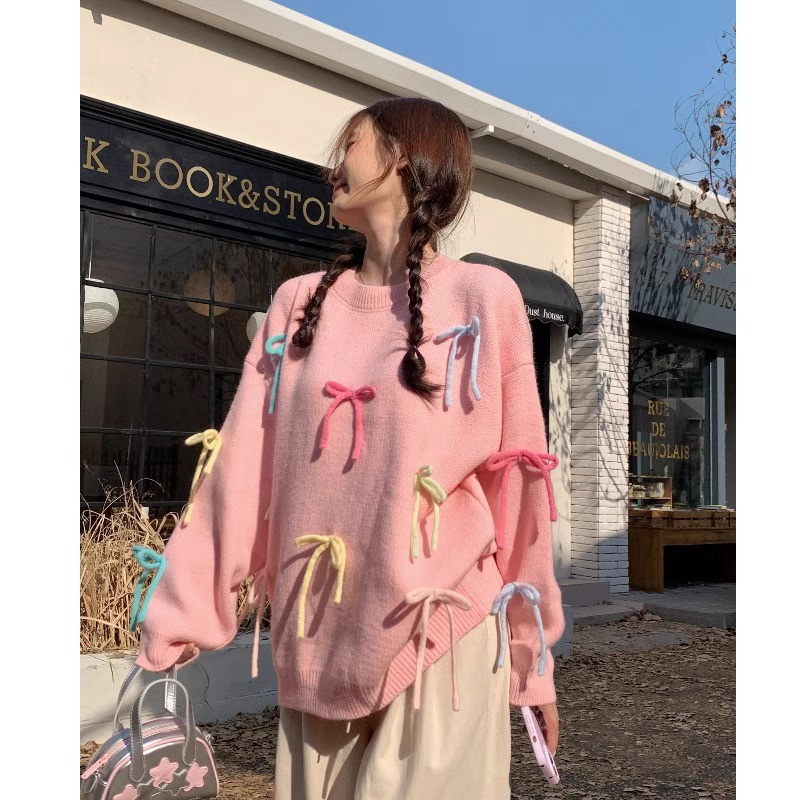 Plus Size Sweater Autumn and Winter Sweet Girl Wear Stereo Bow Niche Design Age-Reducing Knitted Jacket Pink One Size Fits All