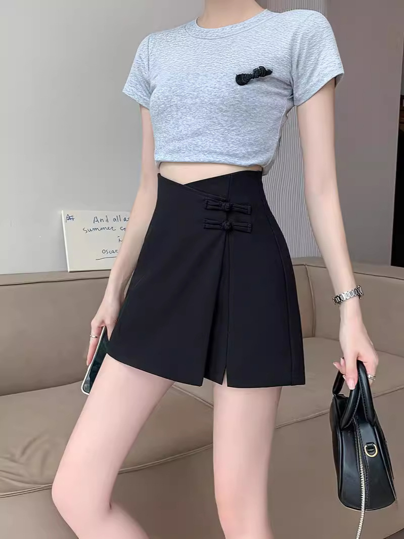 Summer 2024 New New Chinese-style Irregular Skirt with Buckle Women's High Waist Hip Skirt Anti-glare A- line Skirt Pants