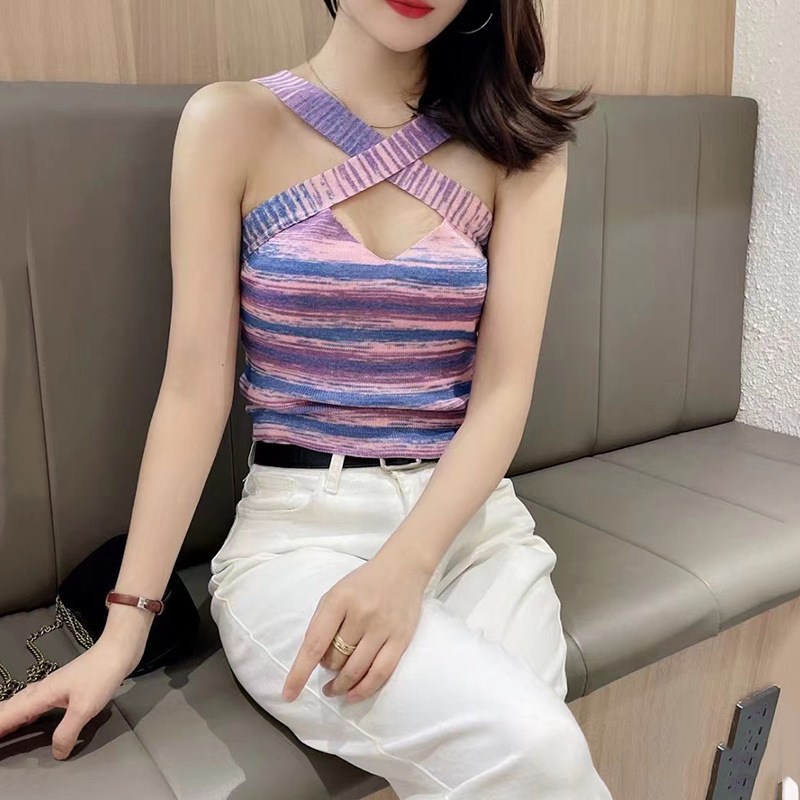 Summer Contrast Color Slim-fit Knitted Small Camisole Hot Girl Sexy Neck Cross Short Backless Inner Top for Women