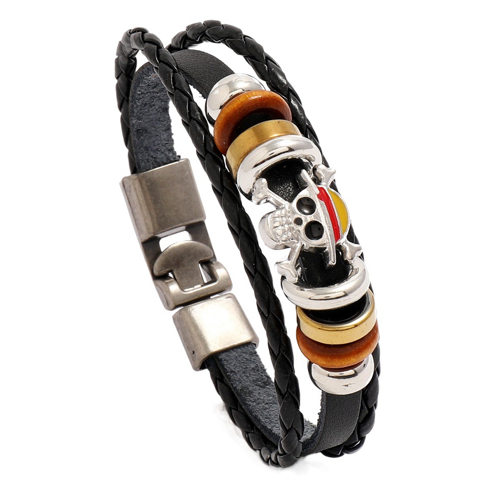European and American Cross-border Men's Punk Beaded Buckle Bracelet Hip Hop Skull Cowhide Bracelet Manufacturer Supply