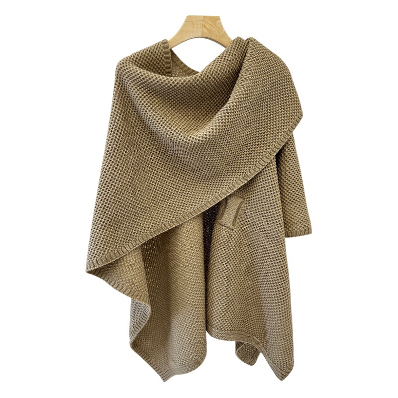 Large Size Buckle Long High-End Knitted Imitation Cashmere Shawl for Women, Versatile and Casual Cape Cloak