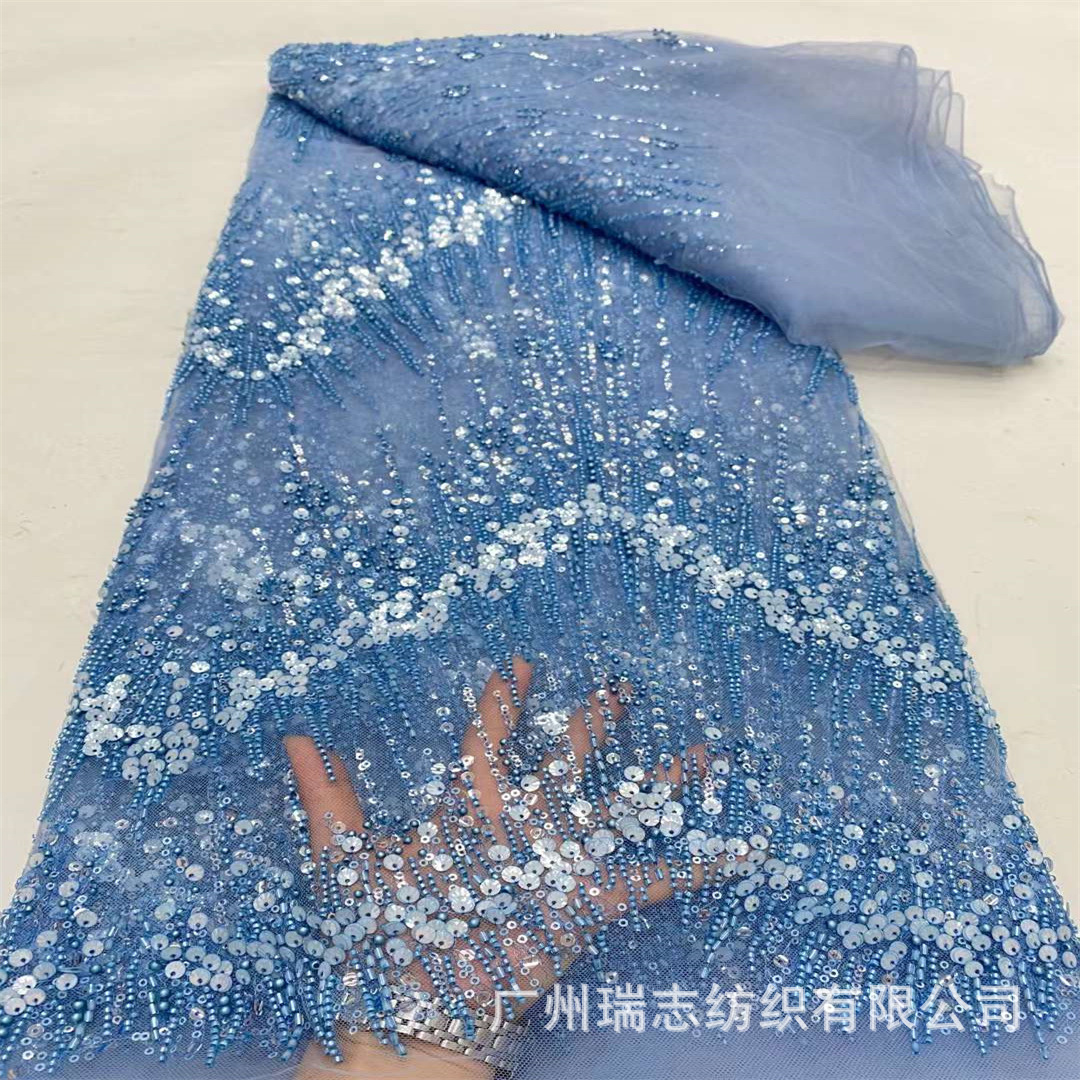 French high-grade shell beads embroidery lace color thread bead tube fabric W-shaped lace white dress wedding gauze
