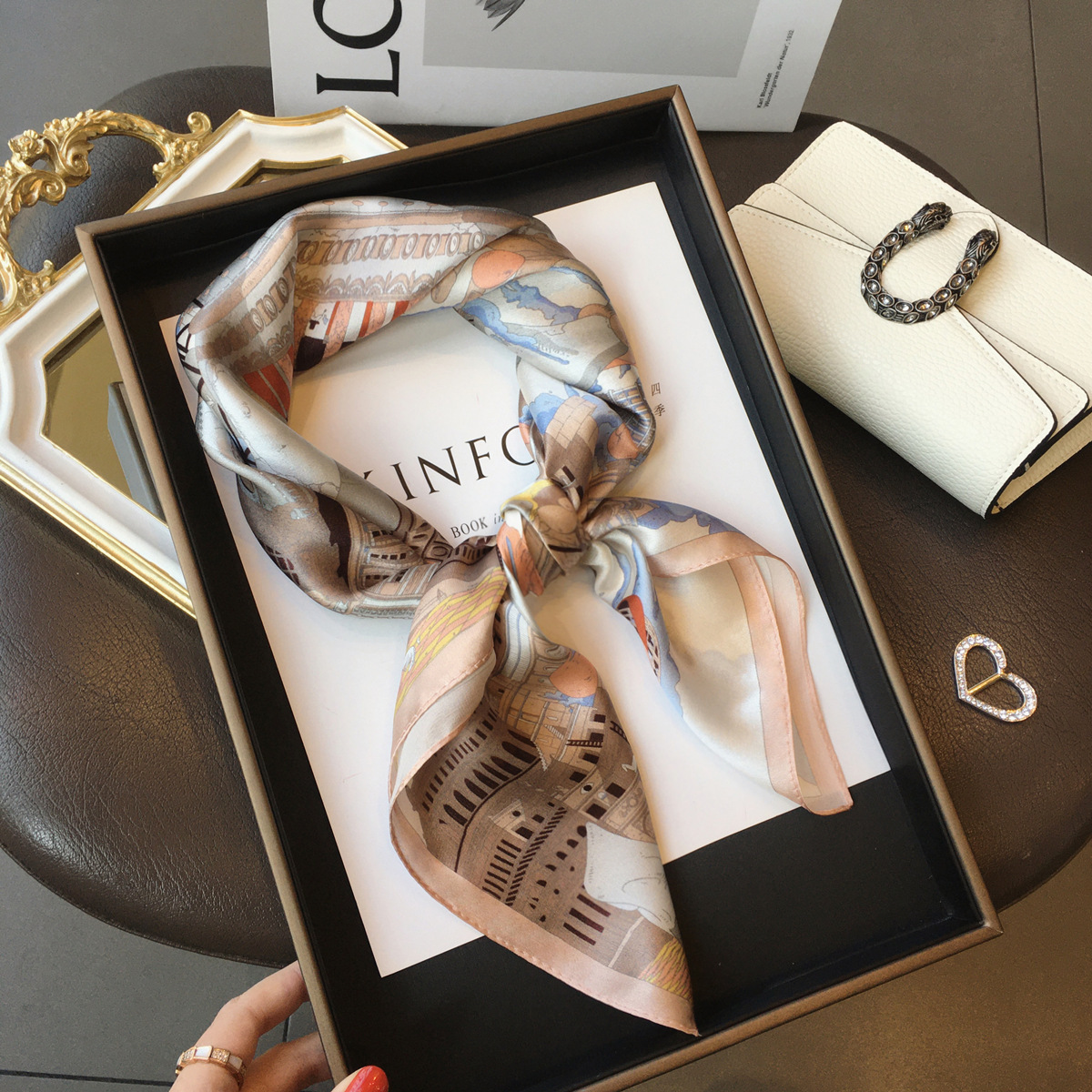 Picture of Spring and Autumn Thin Japanese and Korean Sweet Champagne Color Small Floral Silk Mulberry Silk 70cm Square Scarf Silk Scarf Hair Band Headwear Women