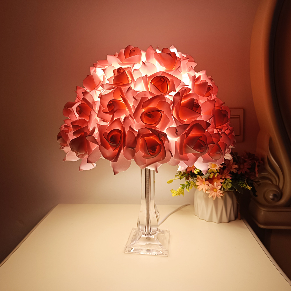 Cross-border hot umbrella-shaped rose table lamp pink white wedding gift princess bedroom bedside decorative table lamp