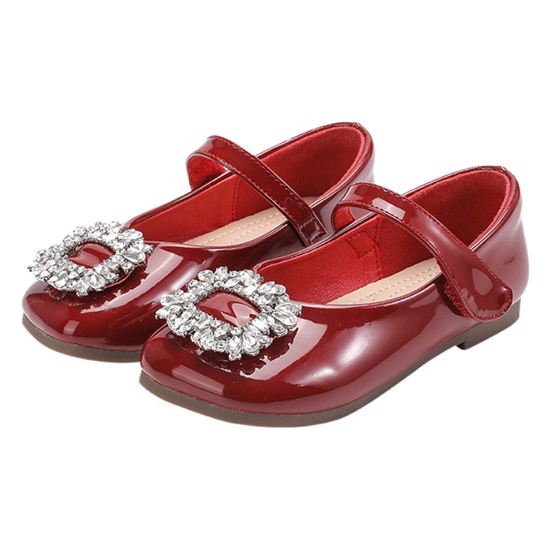 Girls Princess Shoes 2025 Spring and Autumn New Children's Internet Celebrity Rhinestone Shoes Little Girls Black Small Leather Shoes Children's Shoes