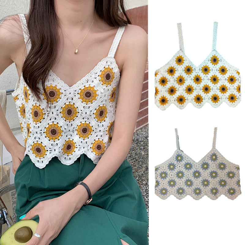 Sunflower Hollow Crochet Knitted Sling Women's Outer Wear Seaside Vacation Loose Short Vest All-match Base Top