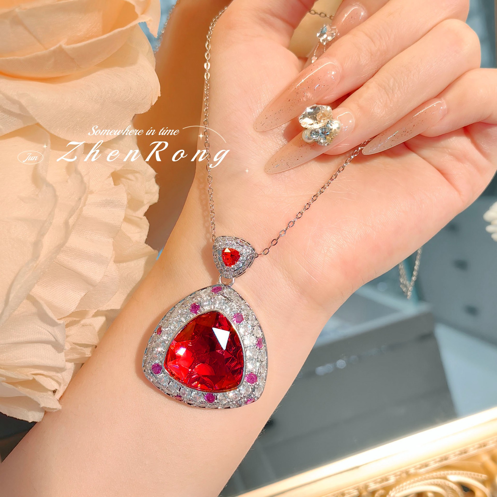 Picture of European and American socialite retro geometric fat triangle red diamond earrings artificial pigeon hemoglobin ring color treasure earrings suit