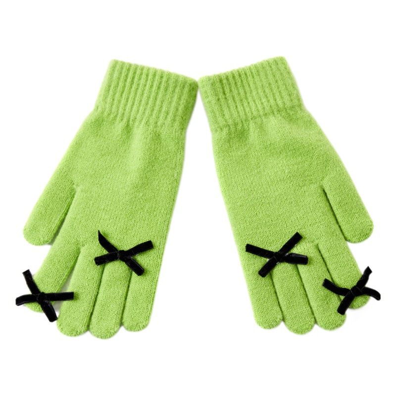 2025 Winter New Five-Finger Pure Color Warm Knitted Gloves Women's Bow Student Cold-Proof Woolen Gloves