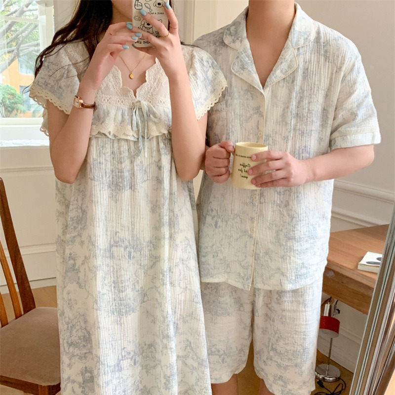 Pure Cotton Korean Summer New Pajamas for Men and Women, Casual Loose Couple Ink Painting Outer Wear Home Clothes