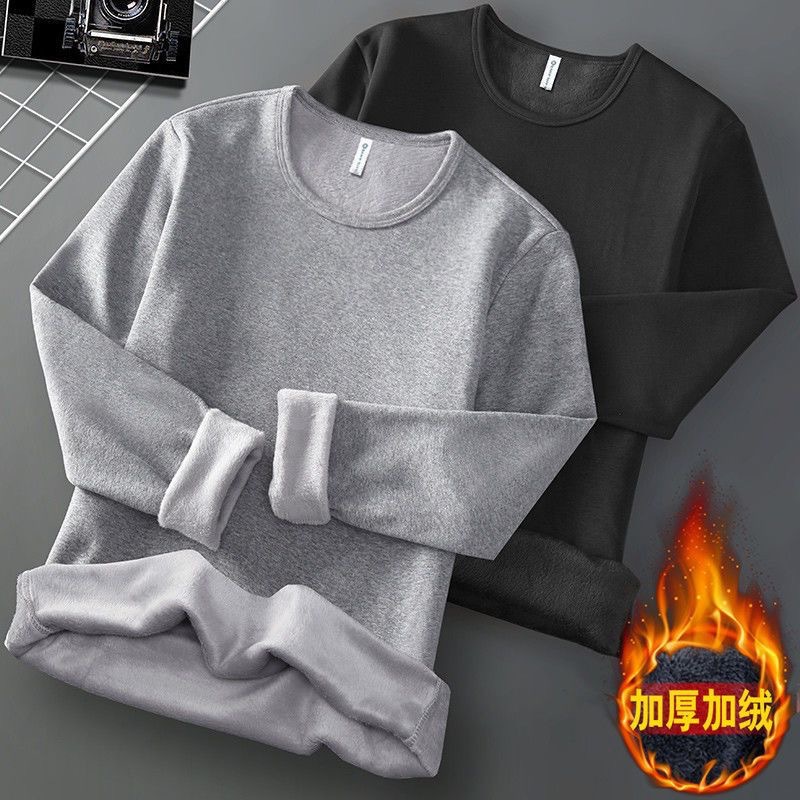 Autumn and winter men's fleece thickened non-inverted long sleeve T-shirt crew neck base shirt long sleeve drop shipping warm model