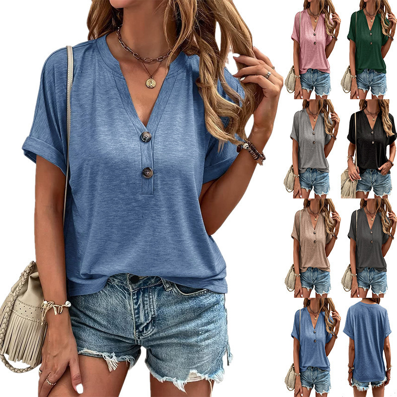 2024 Spring and Summer Export Women's Clothing Amazon Wish Cross-Border New European and American Tops Solid Color Twist Button Fashion Short-Sleeved Women