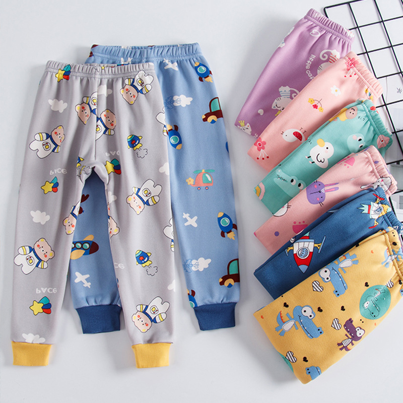 Autumn and Winter Children's fleece-lined warm pants boys and girls cartoon ankle-tied thickened long johns bottoming pants baby home pajama pants