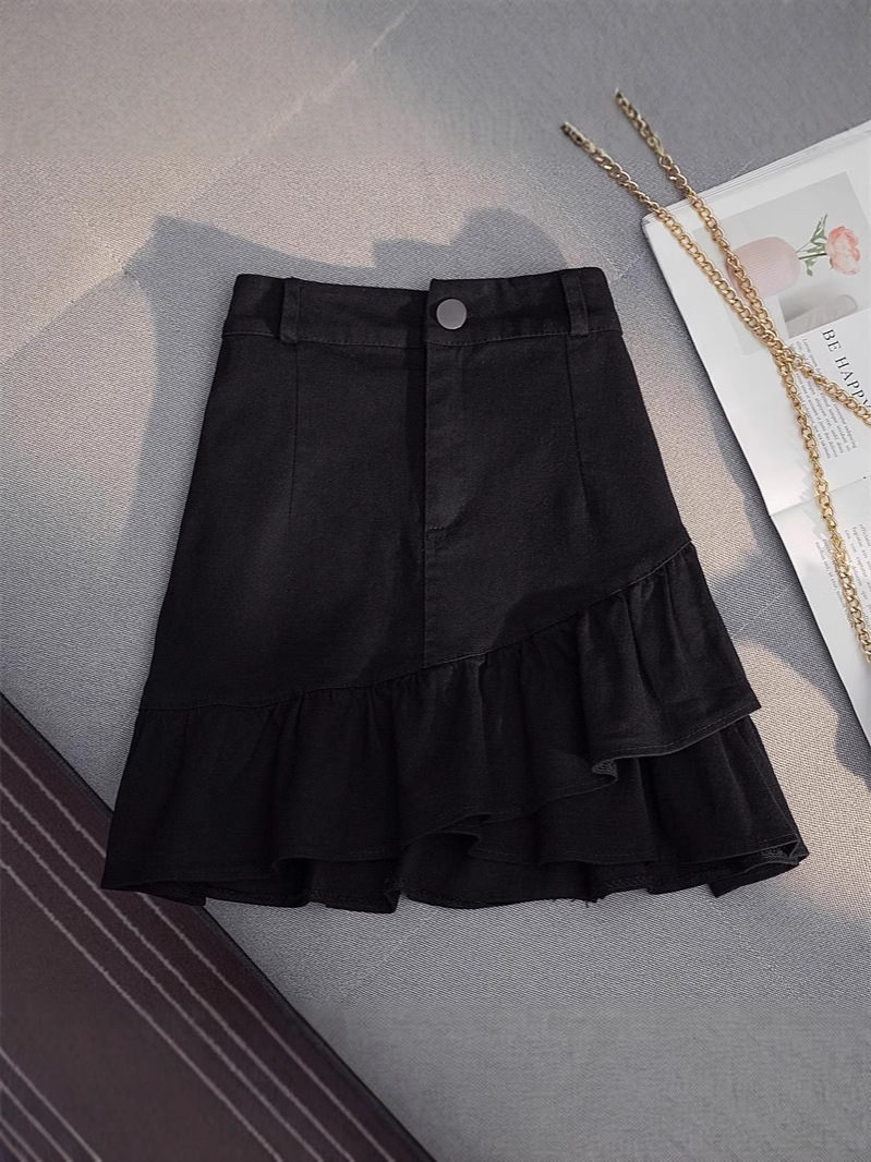 Irregular Ruffled Skirt 2025 Summer High-Waisted A-Line Hip-Covering Slimming Look White Denim Skirt for Small Women