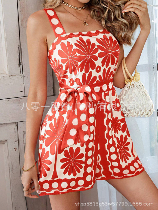Picture of European and American Retro Casual 2025 Summer New Printed Sleeveless Button Lace-up Short Wide-leg Jumpsuit for Women