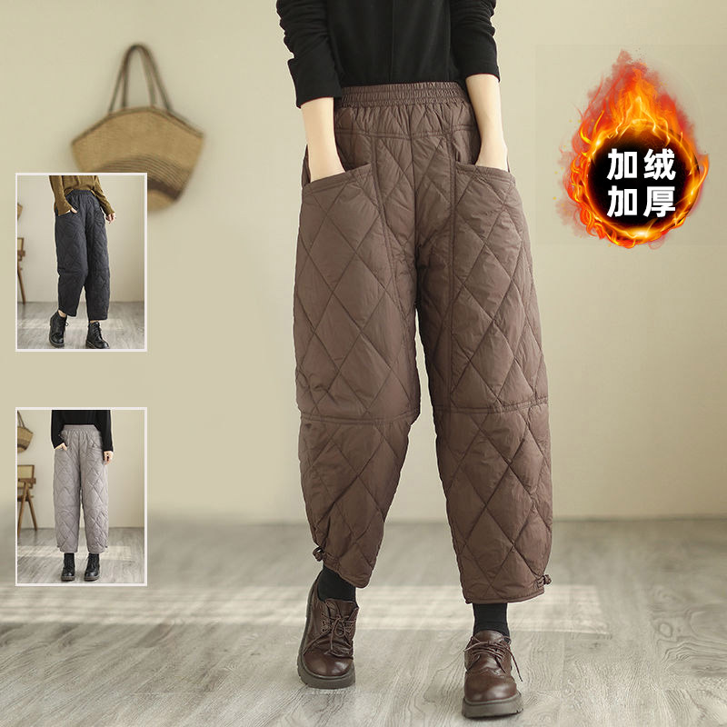 Lightweight cotton pants winter thickened buckle New loose slimming warm straight casual harem pants plus size warm pants for women
