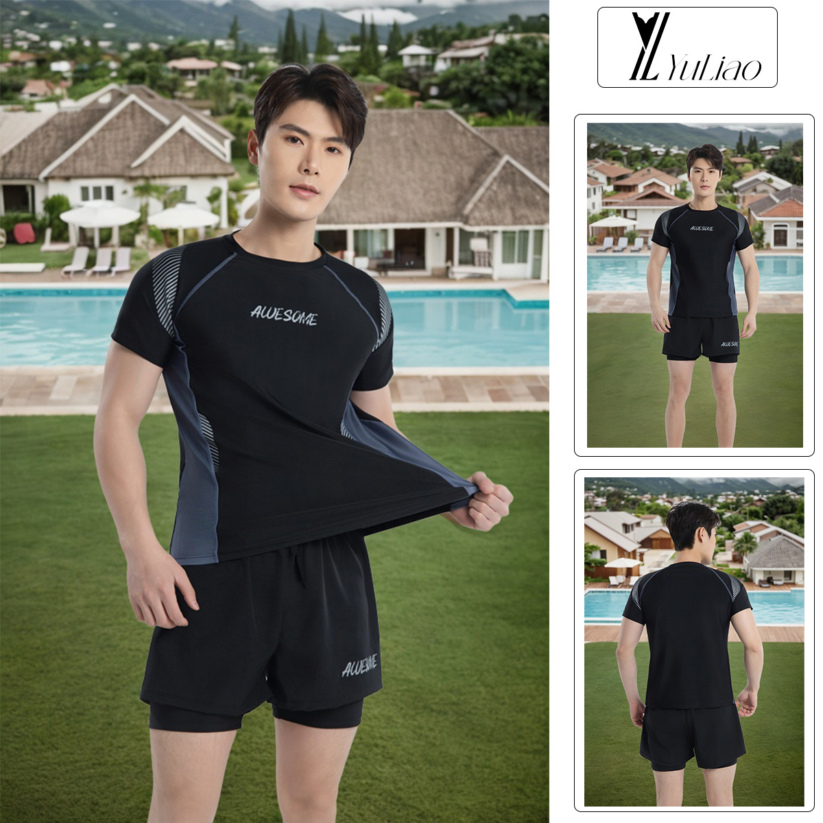 2025 New Men's Swimwear Swimming Top Quick-drying Short-sleeved suit Sun Protection Clothing Letter Simple Loose Double-layer Pants